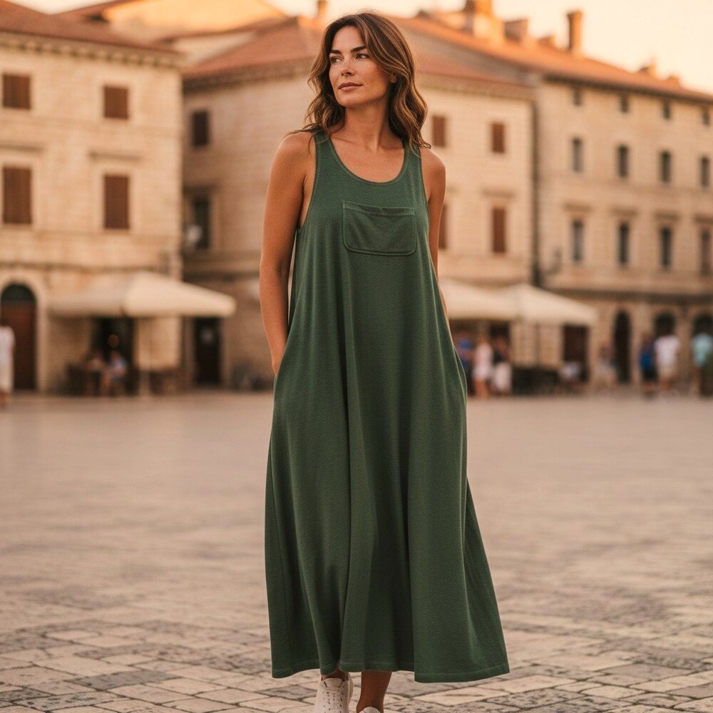 BASIC THREADS SZ L/XL Vintage Cotton Sleeveless A-Line Jumper Maxi Dress Green